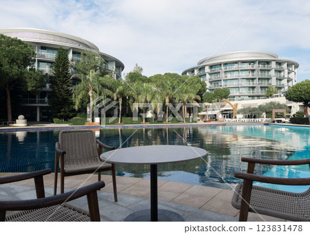 Swimming pool in hotel and resort without people for background Swimming pool in hotel and resort without people for background 123831478
