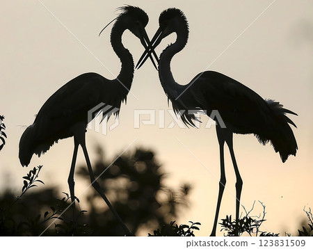 The stunning silhouette of graceful cranes in love against a beautiful sunset backdrop 123831509