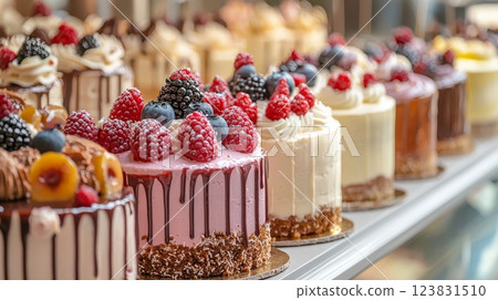 Set of different delicious cakes in candy shop pastel color . Many flavors of cake set collection, generated AI 123831510