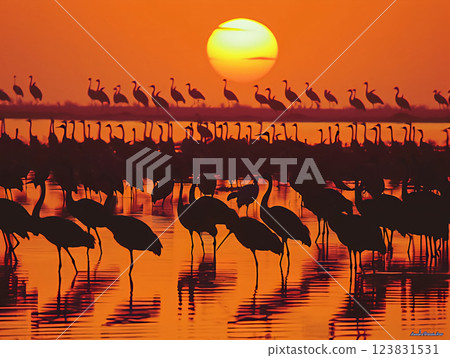 Silhouetted Cranes at Sunset Over the Tranquil and Serene Water of a Peaceful Evening 123831531
