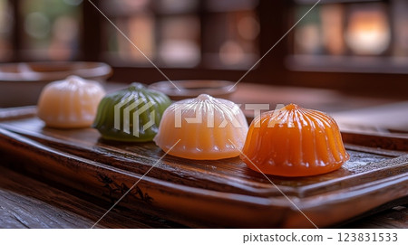 Traditional Japanese dessert confectionery cake wagashi or snow skin mooncake, generated AI 123831533