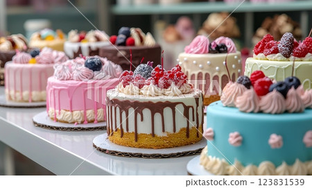 Set of different delicious cakes in candy shop pastel color . Many flavors of cake set collection, generated AI 123831539