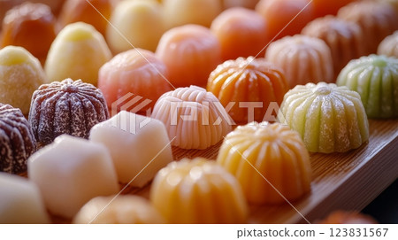 Traditional Japanese dessert confectionery cake wagashi or snow skin mooncake, generated AI 123831567