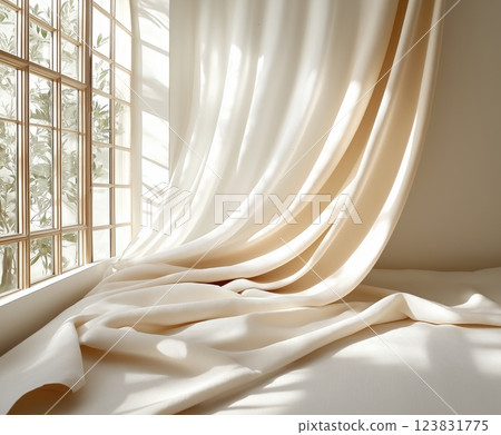 Soft natural light bathes a serene room with flowing curtains and a glimpse of greenery in the window. Generative AI Soft natural light bathes a serene room with flowing curtains and a glimpse of greenery in the window. Generative AI 123831775