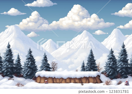 Majestic snowy mountains rise against a vibrant blue sky filled with fluffy clouds. Generative AI Majestic snowy mountains rise against a vibrant blue sky filled with fluffy clouds. Generative AI 123831781