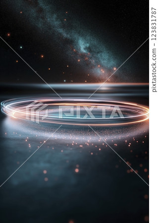 Mystical light trails swirl above a cosmic ocean under a starlit sky in this enchanting nightscape. Generative AI 123831787