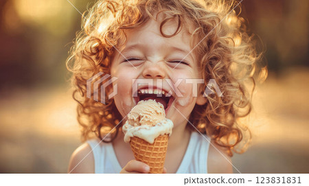 Joyful child with curly hair enjoying ice cream cone outdoors 123831831