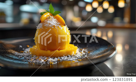 Vibrant mango dessert garnished with shredded coconut and mint on black plate 123831891