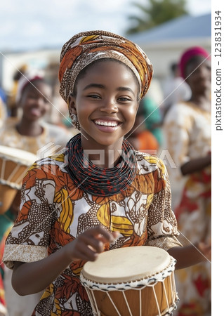 Joyful girl playing drum during vibrant cultural festival in a lively outdoor setting Joyful girl playing drum during vibrant cultural festival in a lively outdoor setting 123831934
