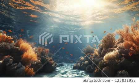 Underwater coral reef ecosystem with vibrant fish and sun rays illuminating the seafloor at midday 123831952