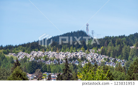 Townscape of residential district on mountain and blue sky background 123831953