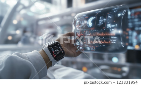 Advanced health monitoring technology is used in a futuristic medical facility for patient care analysis 123831954
