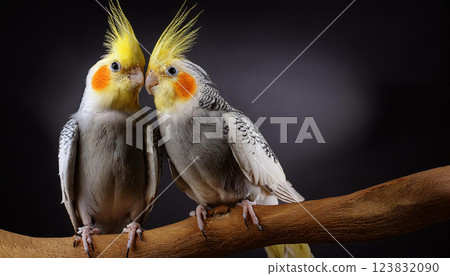 Two parakeets are sitting on a branch, one of which has a yellow beak Two parakeets are sitting on a branch, one of which has a yellow beak 123832090