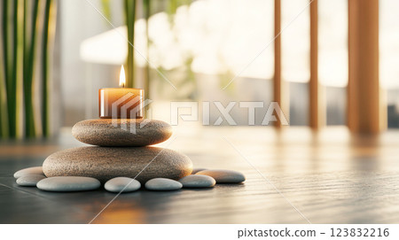 A lit candle placed on stacked smooth stones in a tranquil spa setting with soft natural light and a blurred background of bamboo and wooden elements. 123832216