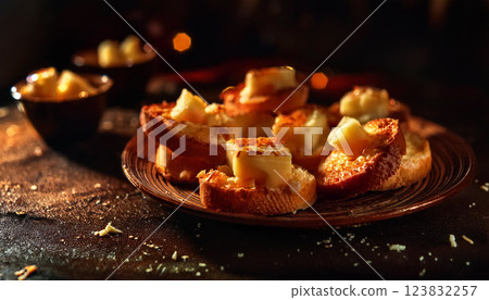 A plate of bread with cheese and herbs on top 123832257