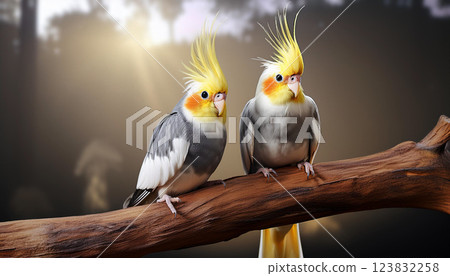 Two parakeets are perched on a branch 123832258
