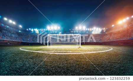 A soccer field with a goal and a crowd of people watching 123832259