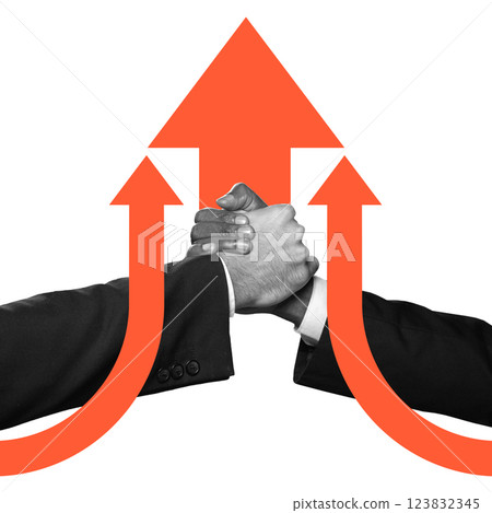 Conceptual design. Firm handshake under upward arrows. Growth, success, leadership, collaboration Conceptual design. Firm handshake under upward arrows. Growth, success, leadership, collaboration 123832345