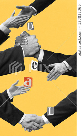 Dynamic handshake arrangement spelling deal. Partnership, connection, business collaboration. Dynamic handshake arrangement spelling deal. Partnership, connection, business collaboration. 123832369