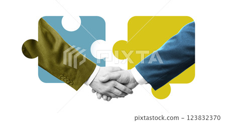 Contemporary art collage. Conceptual design. Handshake forming puzzle pieces. Strategic cooperation, perfect fit, successful negotiations. Contemporary art collage. Conceptual design. Handshake forming puzzle pieces. Strategic cooperation, perfect fit, successful negotiations. 123832370