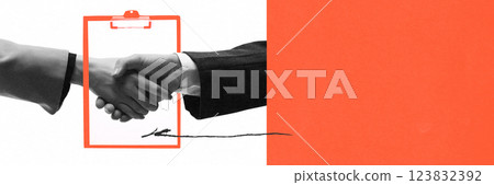 Conceptual design. Handshake within contract frame symbolizes formal agreement, strategic partnership, legal commitment. Conceptual design. Handshake within contract frame symbolizes formal agreement, strategic partnership, legal commitment. 123832392