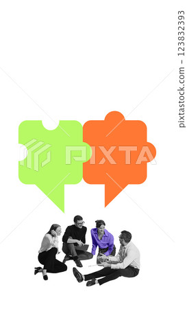 Team discussing in speech bubble puzzle pieces, representing strategic negotiation, corporate decision-making Team discussing in speech bubble puzzle pieces, representing strategic negotiation, corporate decision-making 123832393