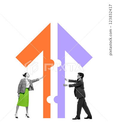 Two professionals connect puzzle-like arrows, representing strategic business growth, expansion,merger and acquisition. Two professionals connect puzzle-like arrows, representing strategic business growth, expansion,merger and acquisition. 123832417
