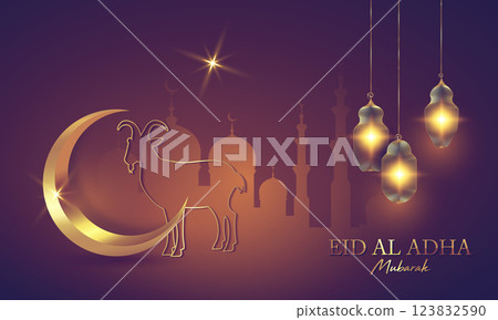 Eid Al Adha Mubarak with Crescent Moon, Goat, Mosque and Lanterns as Background. Gold Luxury template. Celebration of Muslim holiday the sacrifice, vector illustration  123832590