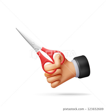 3D scissors with red plastic handles in hand 123832689