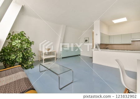 Spacious and airy interior featuring minimalist decor, a green plant, and sleek furniture that embodies contemporary design aesthetics. Spacious and airy interior featuring minimalist decor, a green plant, and sleek furniture that embodies contemporary design aesthetics. 123832902