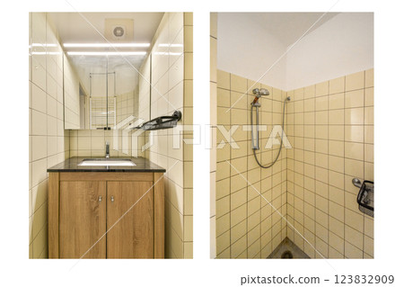 A clean, modern bathroom featuring a shower space and a sleek sink area with minimalist design and tiled walls, ideal for contemporary living. A clean, modern bathroom featuring a shower space and a sleek sink area with minimalist design and tiled walls, ideal for contemporary living. 123832909