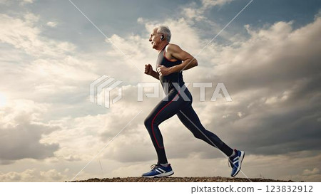 傍晚的天空和一位慢跑的老人 123832912