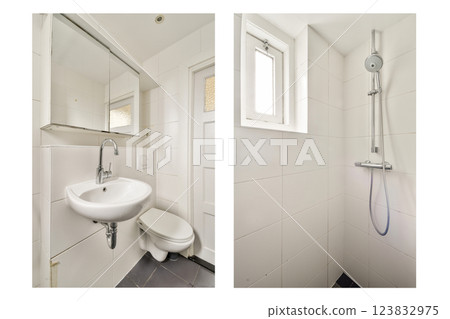 A clean and minimalist bathroom featuring a sink, toilet, and a shower stall. The white tiles enhance the spacious feel, perfect for contemporary living. 123832975