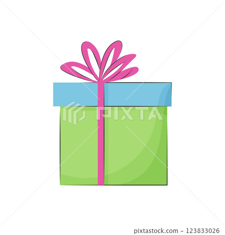 Green cartoon gift box with a pink bow. Romantic illustration, birthday, valentine, christmas concept. Isolated on white 123833026