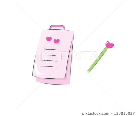 Romantic pink letter and pen. Isolated on white background. Pink pages of letter and hearts on it, pen with heart. 123833027