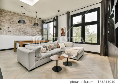 A stylish modern living room featuring contemporary furniture, large windows for natural light, and a cozy atmosphere, ideal for relaxation and gatherings. 123833030