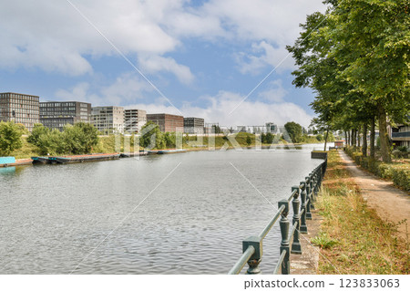A tranquil view of a river flowing through a modern cityscape, lined with greenery, buildings, and walkways, showcasing a harmonious blend of nature and urban life. 123833063