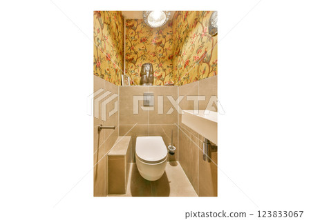 A stylish bathroom featuring elegant floral wallpaper, contemporary fixtures, and a clean design. Ideal for showcasing modern interior aesthetics. A stylish bathroom featuring elegant floral wallpaper, contemporary fixtures, and a clean design. Ideal for showcasing modern interior aesthetics. 123833067