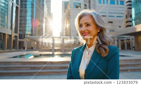 A smiling silver-haired businesswoman standing on a street corner 123833079