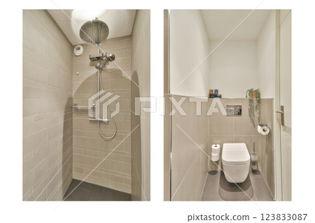 A sleek and contemporary bathroom featuring a stylish shower and a minimalist toilet. The neutral color palette enhances the modern aesthetic. 123833087