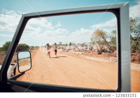 Safari, diversity and couple on road trip in a summer romance, holiday and vacation outdoors together. Car, romantic and young woman having fun on freedom adventure with a lovely partner in Australia Safari, diversity and couple on road trip in a summer romance, holiday and vacation outdoors together. Car, romantic and young woman having fun on freedom adventure with a lovely partner in Australia 123833151