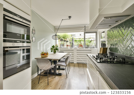 A spacious and contemporary kitchen featuring sleek appliances, a dining area, and large windows that allow plenty of natural light, creating a vibrant atmosphere. A spacious and contemporary kitchen featuring sleek appliances, a dining area, and large windows that allow plenty of natural light, creating a vibrant atmosphere. 123833156