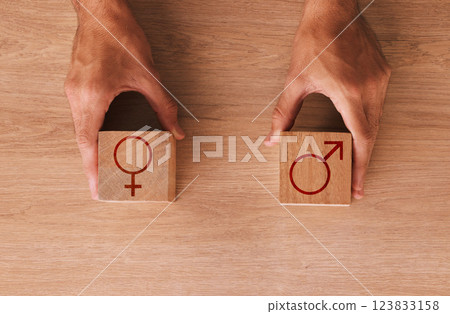 Wood block, gender and sex equality backgrounds of male, female and identity sign, choice and symbols. Closeup sexuality icons cube for fair opportunity, human rights bias and social transformation 123833158