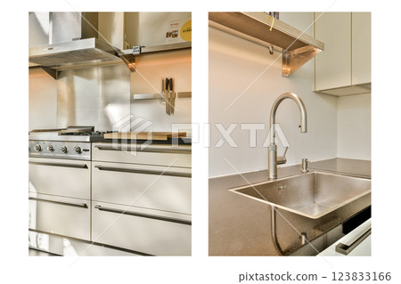 A contemporary kitchen featuring metallic surfaces, a professional-grade stove, and an elegant sink. The minimalist design emphasizes functionality and style. 123833166