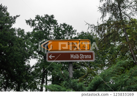 left and right direction sign on road, blue sky background 123833169