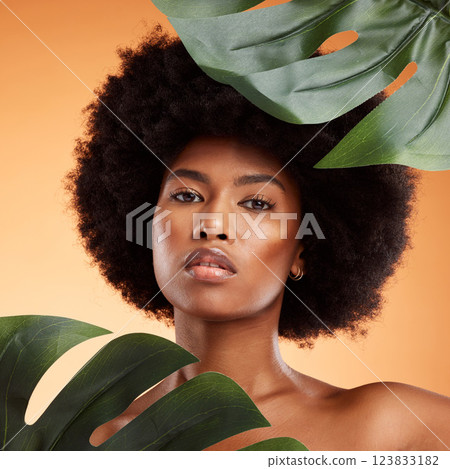 Beauty, skincare and palm leaf with a model black woman in studio on an orange background for health or wellness. Cosmetics, face and portrait with an attractive young female posing for natural care 123833182