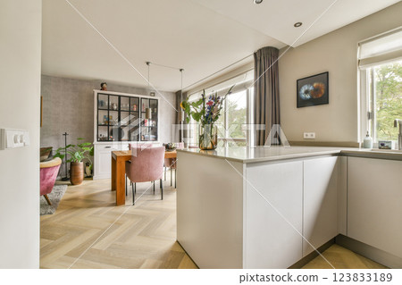 A stylish modern kitchen featuring sleek cabinetry, a dining area with elegant furnishings, and natural light enhancing the space's airy atmosphere. 123833189