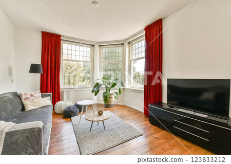 A well-lit living room featuring a comfortable gray sofa, stylish curtains, a coffee table, and a television. Natural light enhances the inviting atmosphere. 123833212