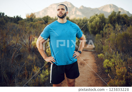 Nature hiking, run and fitness workout of a man on a calm morning on a mountain park running trail. Health exercise, training and healthy person outdoor on walking or runner break with mountains view Nature hiking, run and fitness workout of a man on a calm morning on a mountain park running trail. Health exercise, training and healthy person outdoor on walking or runner break with mountains view 123833228