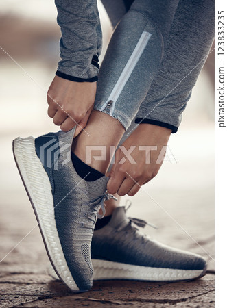 Shoes for running, woman runner and high tech modern shoe design for speed or endurance fitness performance workout. Sports athlete, start outdoor city run and summer cardio race for exercise in city 123833235